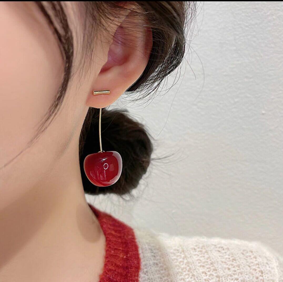Cute Simulation Red Cherry Gold Color Fruit Stud Earrings Female Fashion Jewelry