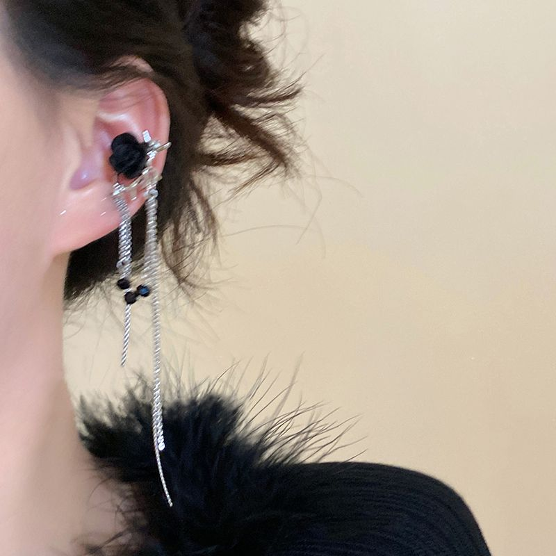 Black Rose Ear Bone Clip Tassel Chain Ear Piercing Earrings