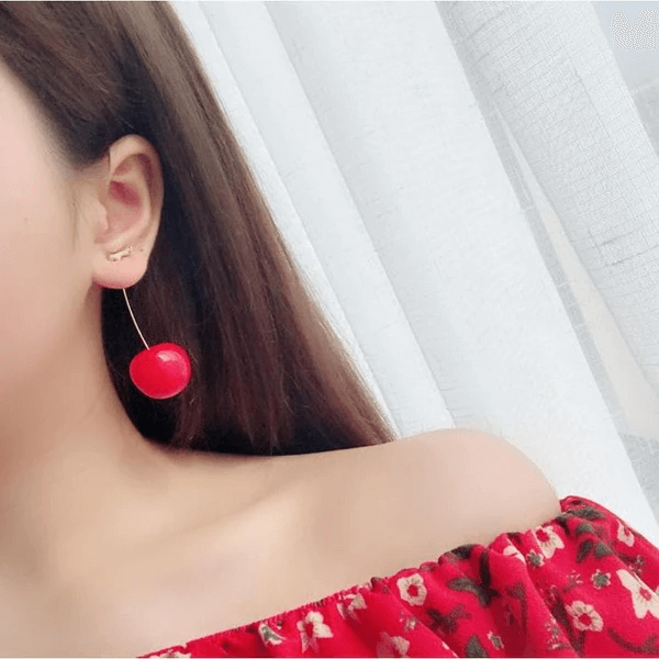 Cute Simulation Red Cherry Gold Color Fruit Stud Earrings Female Fashion Jewelry