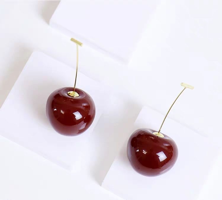 Cute Simulation Red Cherry Gold Color Fruit Stud Earrings Female Fashion Jewelry