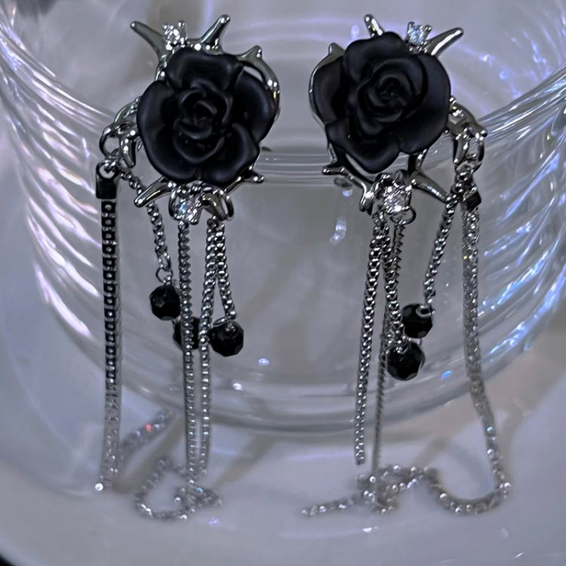 Black Rose Ear Bone Clip Tassel Chain Ear Piercing Earrings