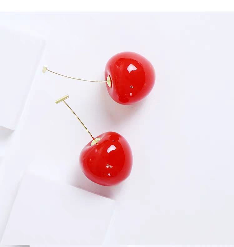 Cute Simulation Red Cherry Gold Color Fruit Stud Earrings Female Fashion Jewelry