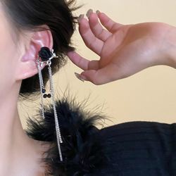 Black Rose Ear Bone Clip Tassel Chain Ear Piercing Earrings